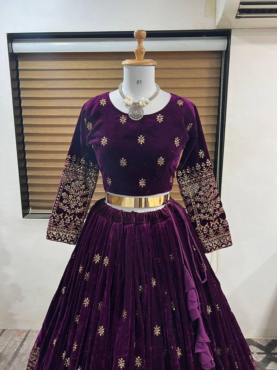 Purple Velvet Embroidery Lehenga Choli with Dupatta - Indiakreations