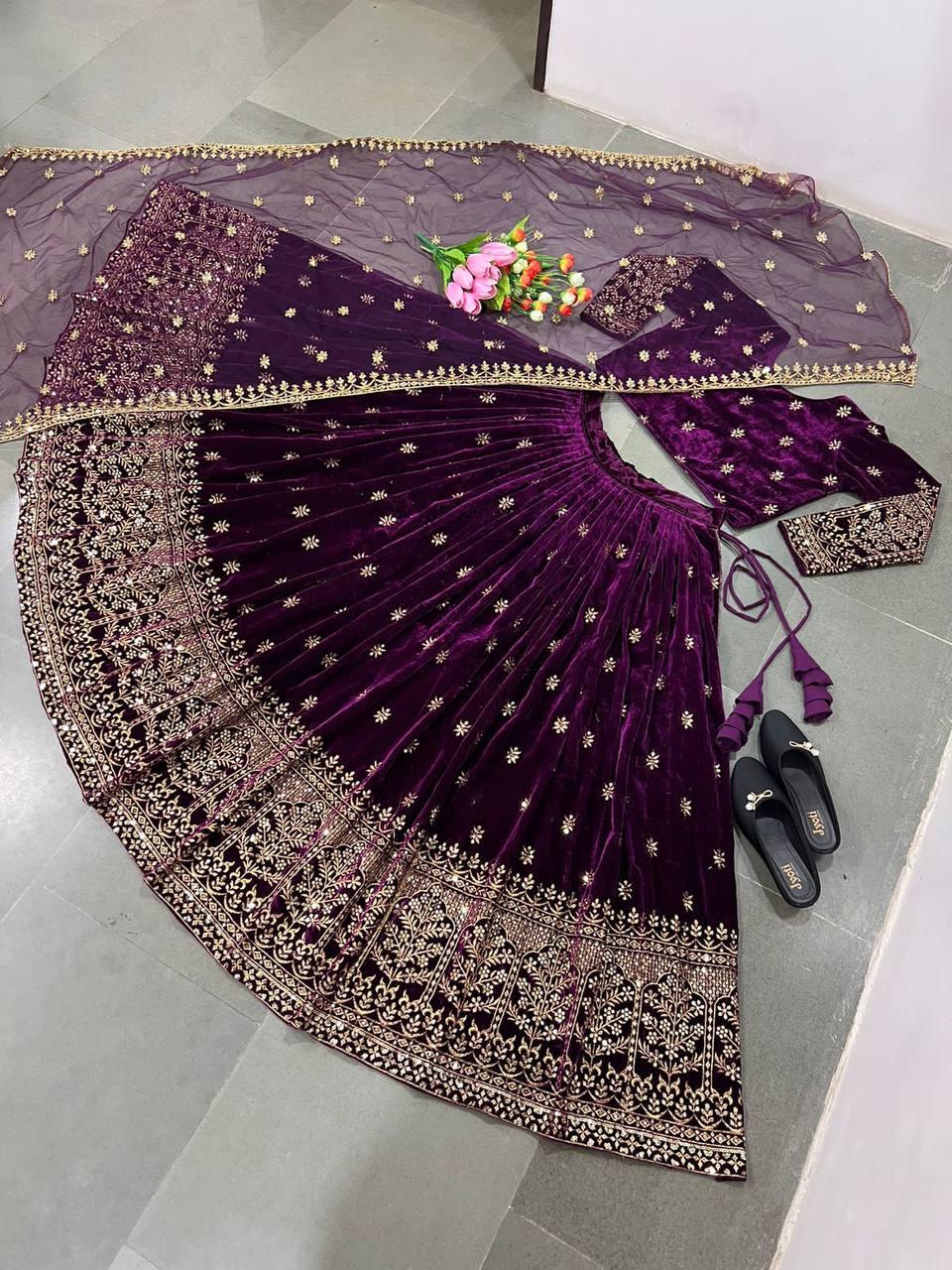 Purple Velvet Embroidery Lehenga Choli with Dupatta - Indiakreations