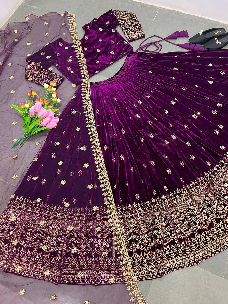 Purple Velvet Embroidery Lehenga Choli with Dupatta - Indiakreations