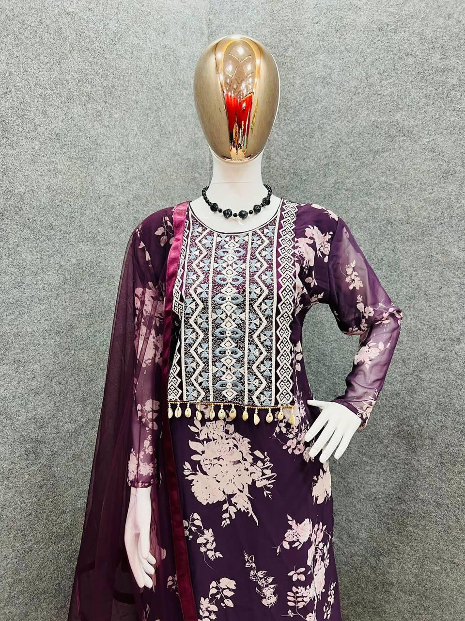 Wine Purple Georgette Embroidery Salwar Suit with Dupatta - Indiakreations