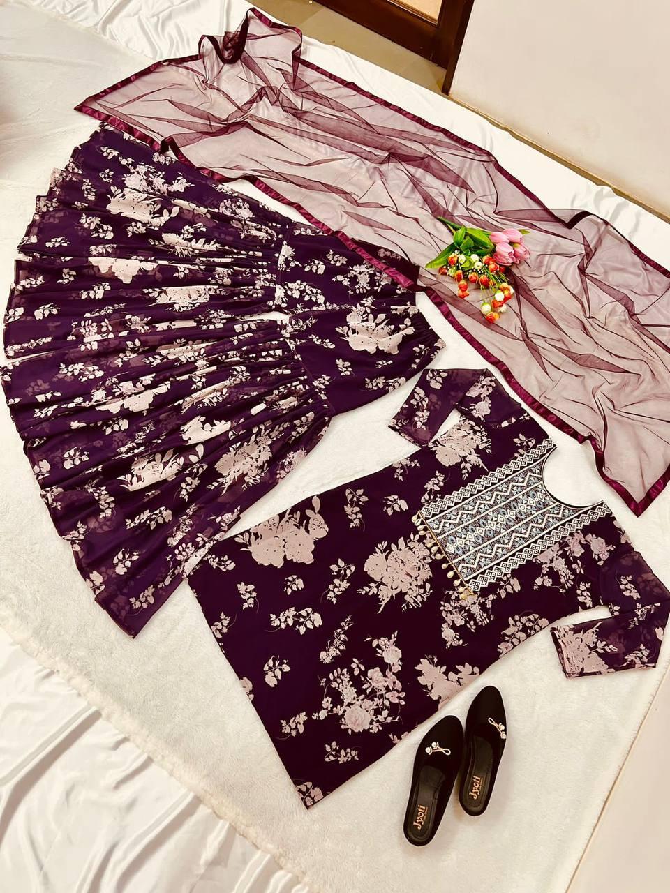 Wine Purple Georgette Embroidery Salwar Suit with Dupatta - Indiakreations