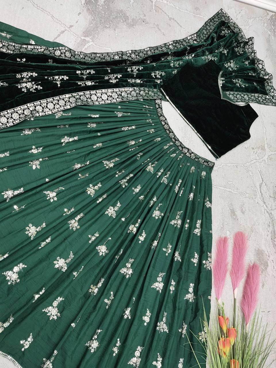 Green Maska Silk Embroidery Lehenga Choli with Dupatta - Indiakreations