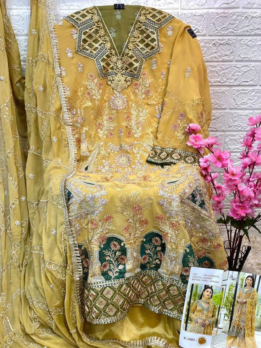 Mustard Yellow Floral Georgette Embroidery Anarkali with Dupatta Set - Indiakreations