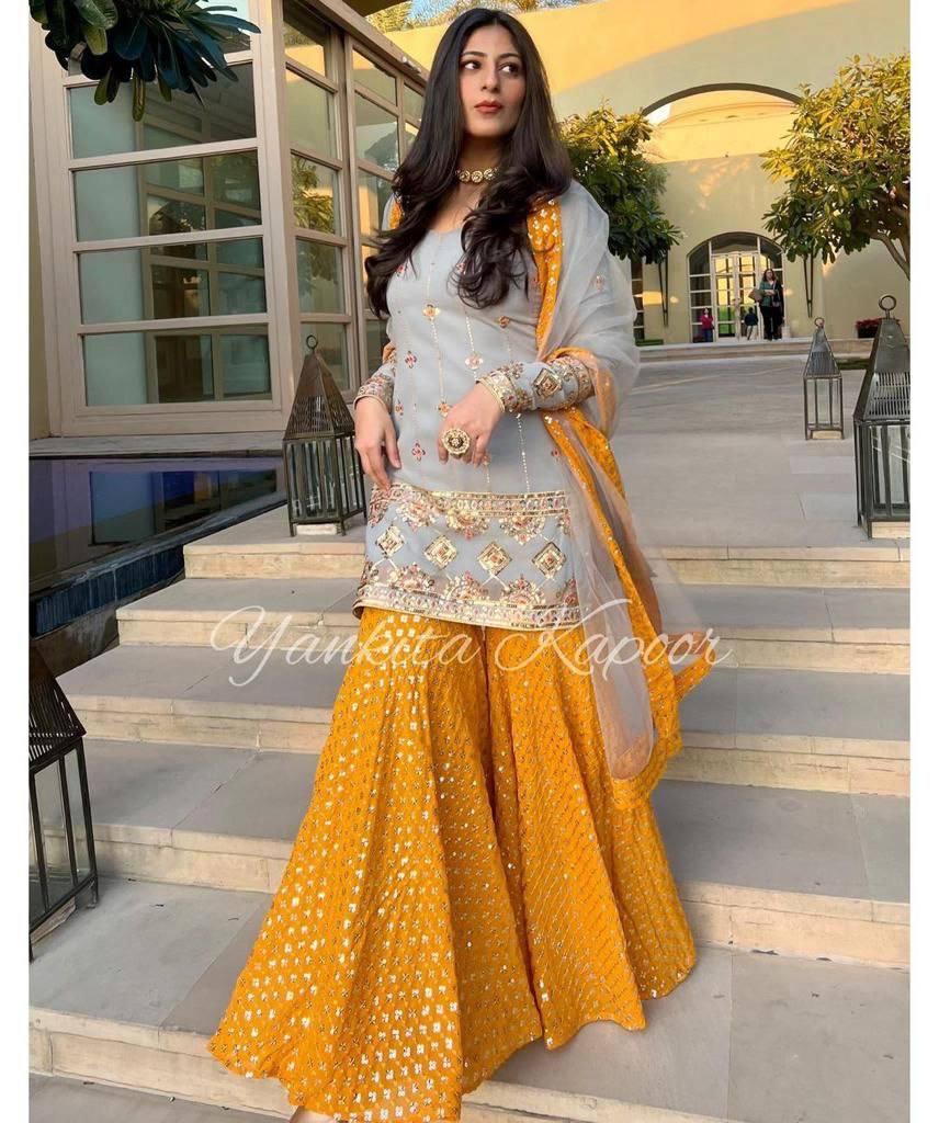 Mustard Yellow Georgette Embroidery Salwar Suit with Dupatta - Indiakreations