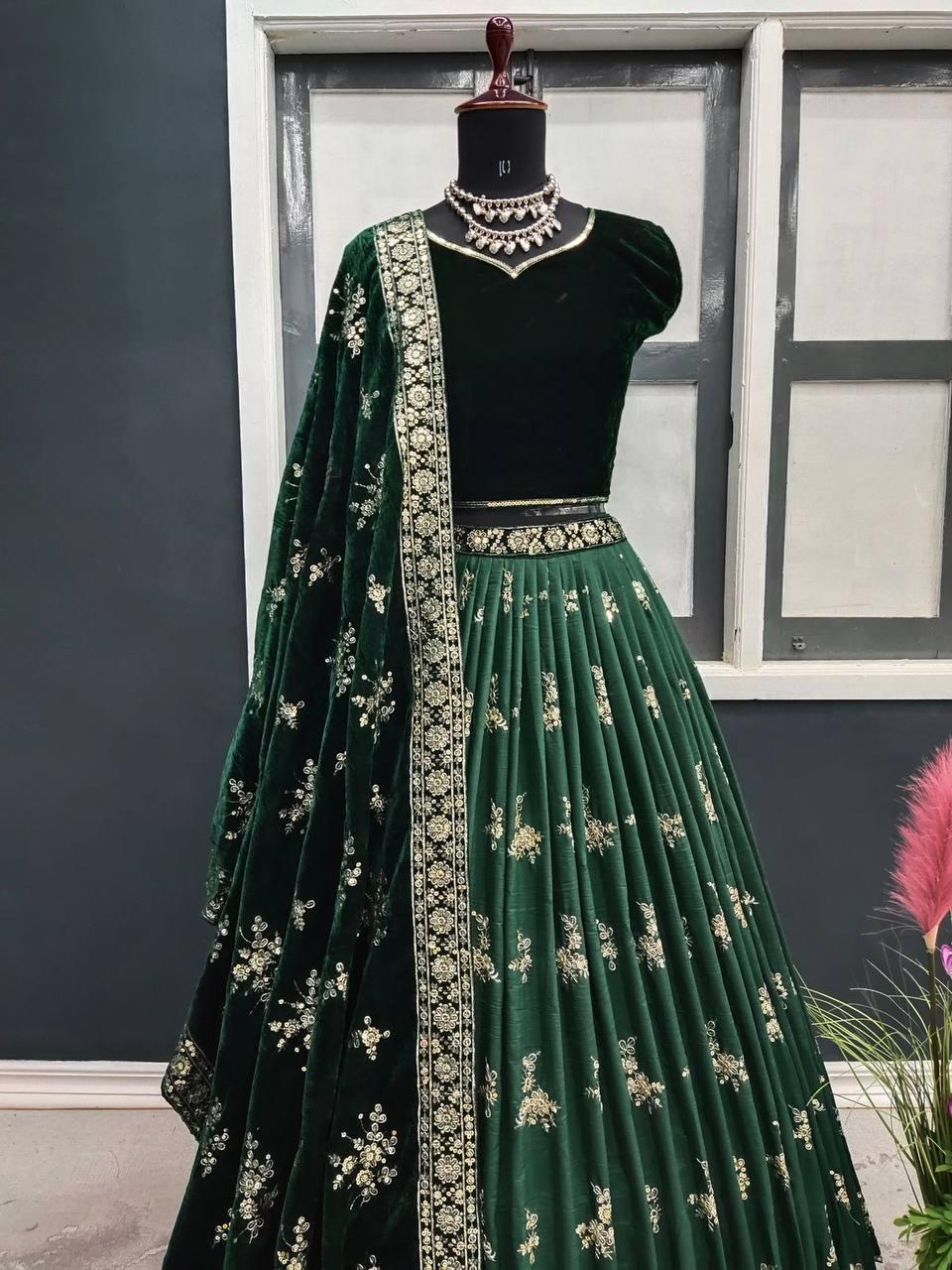 Green Maska Silk Embroidery Lehenga Choli with Dupatta - Indiakreations