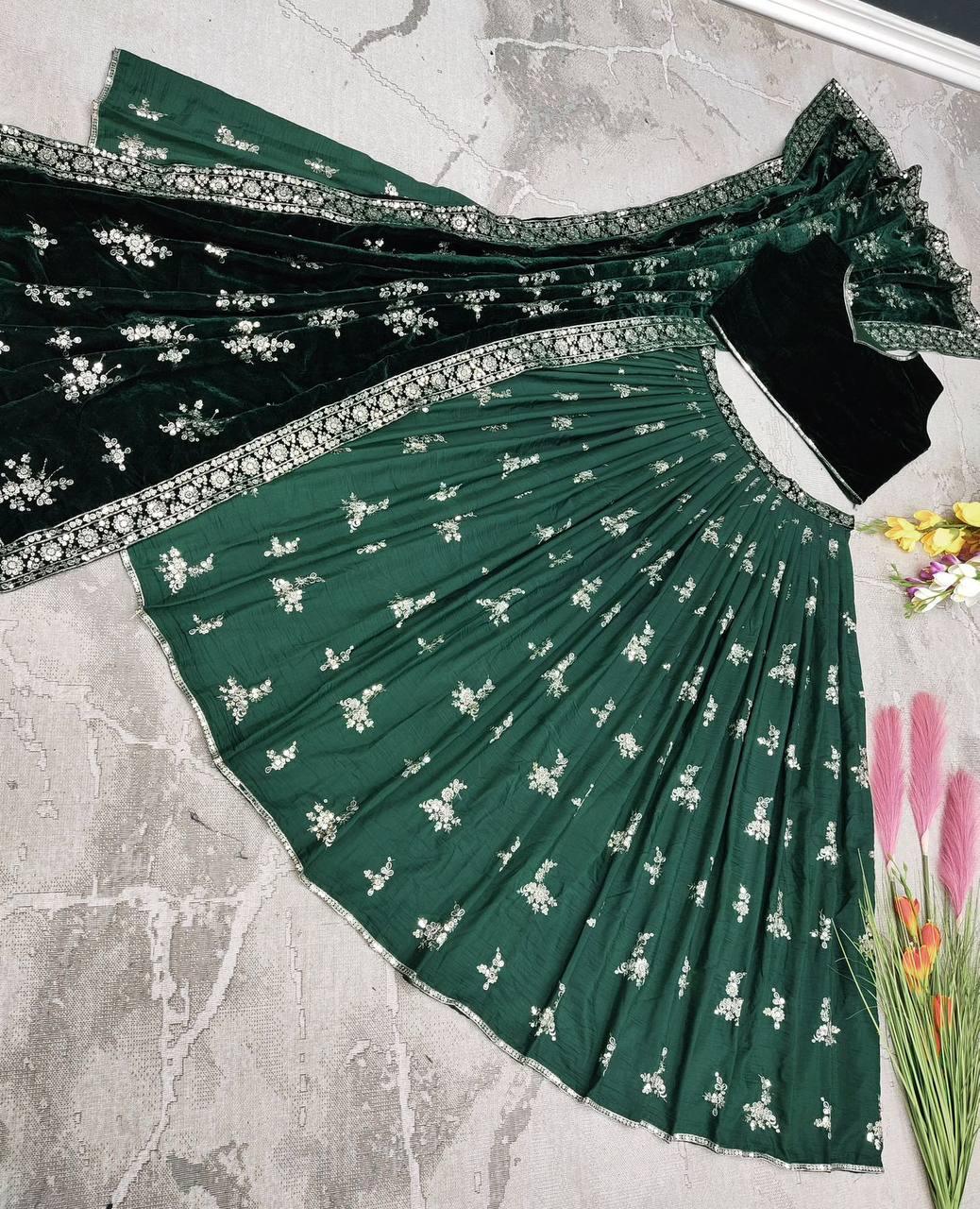 Green Maska Silk Embroidery Lehenga Choli with Dupatta - Indiakreations