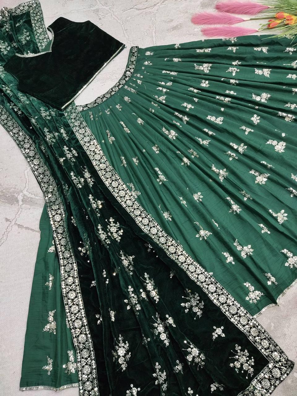 Green Maska Silk Embroidery Lehenga Choli with Dupatta - Indiakreations