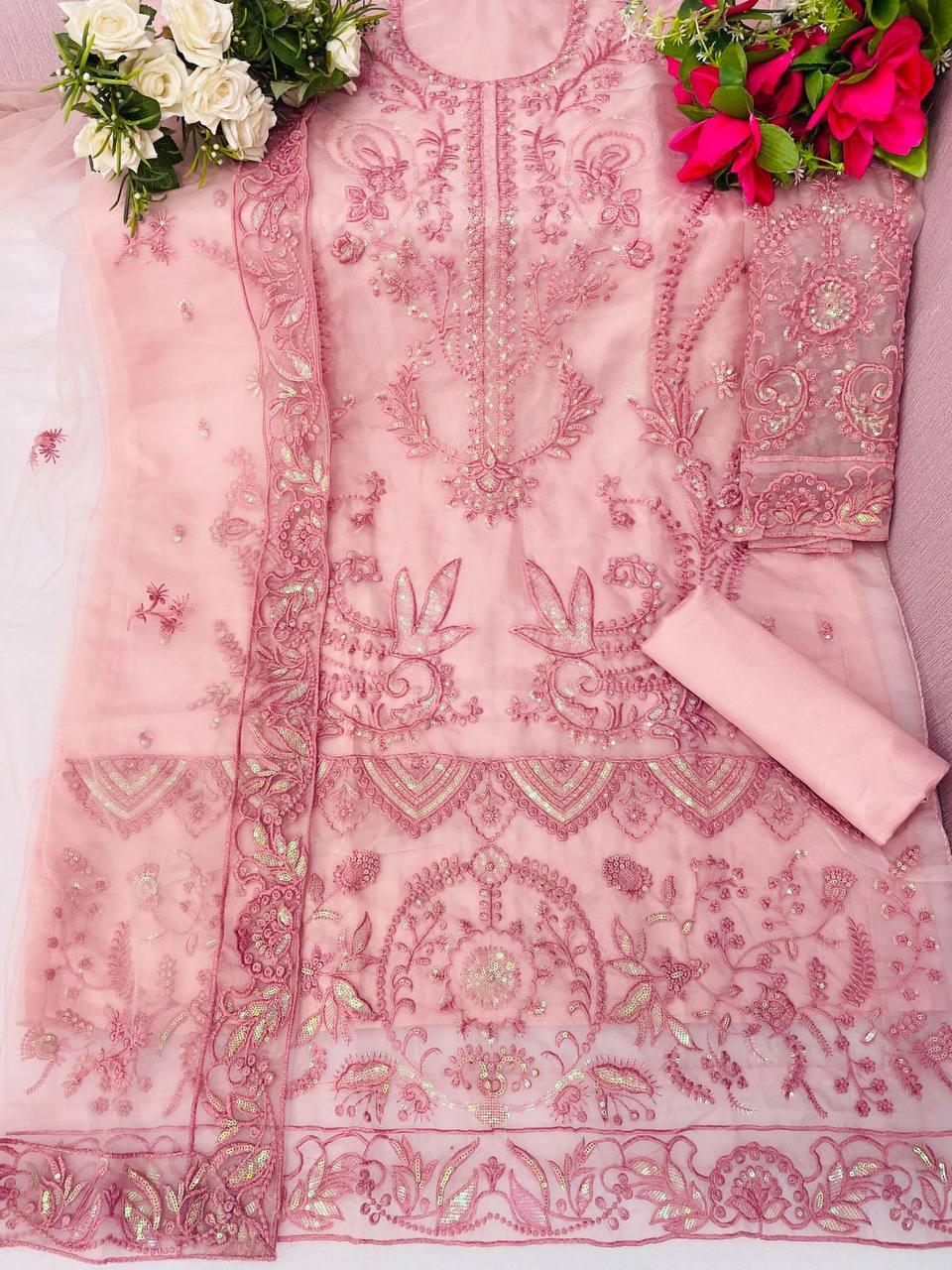 Pink Organza Embroidery Anarkali With Dupatta Set - Indiakreations