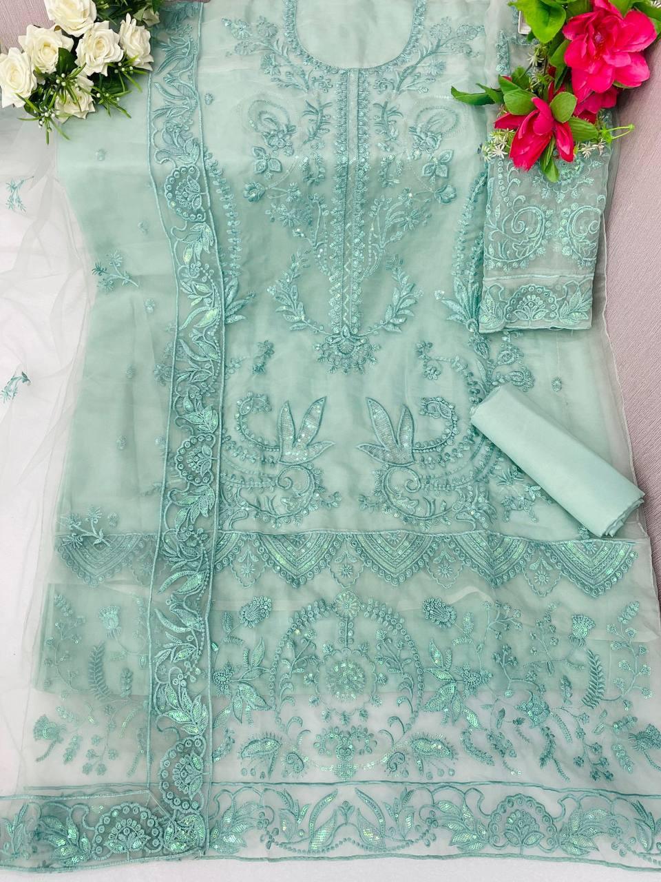 Mint Green Organza Embroidery Anarkali With Dupatta Set - Indiakreations