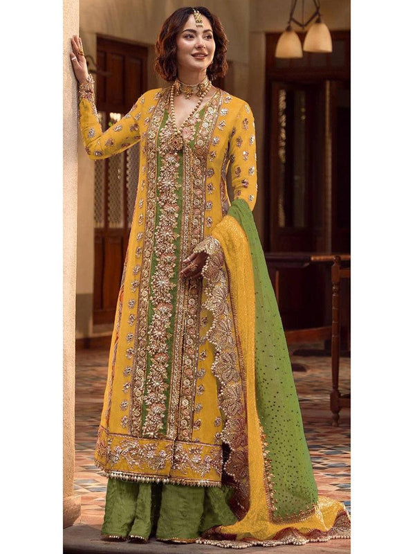 Yellow Organza Embroidery Anarkali With Dupatta Set - Indiakreations