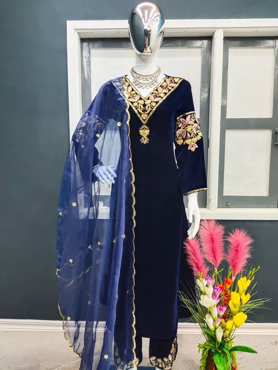 Blue Velvet Embroidery Salwar Suit with Dupatta - Indiakreations