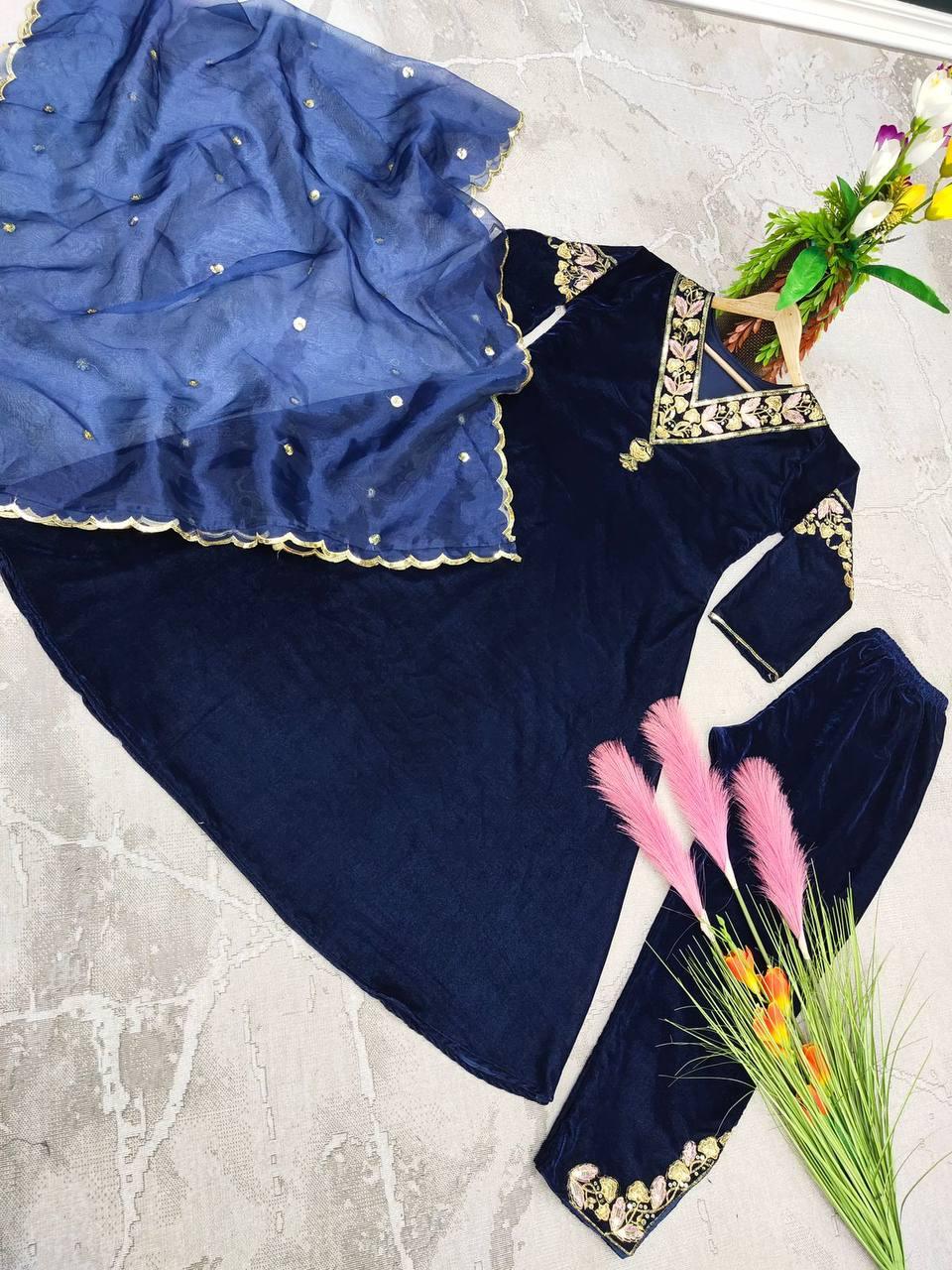 Blue Velvet Embroidery Salwar Suit with Dupatta - Indiakreations