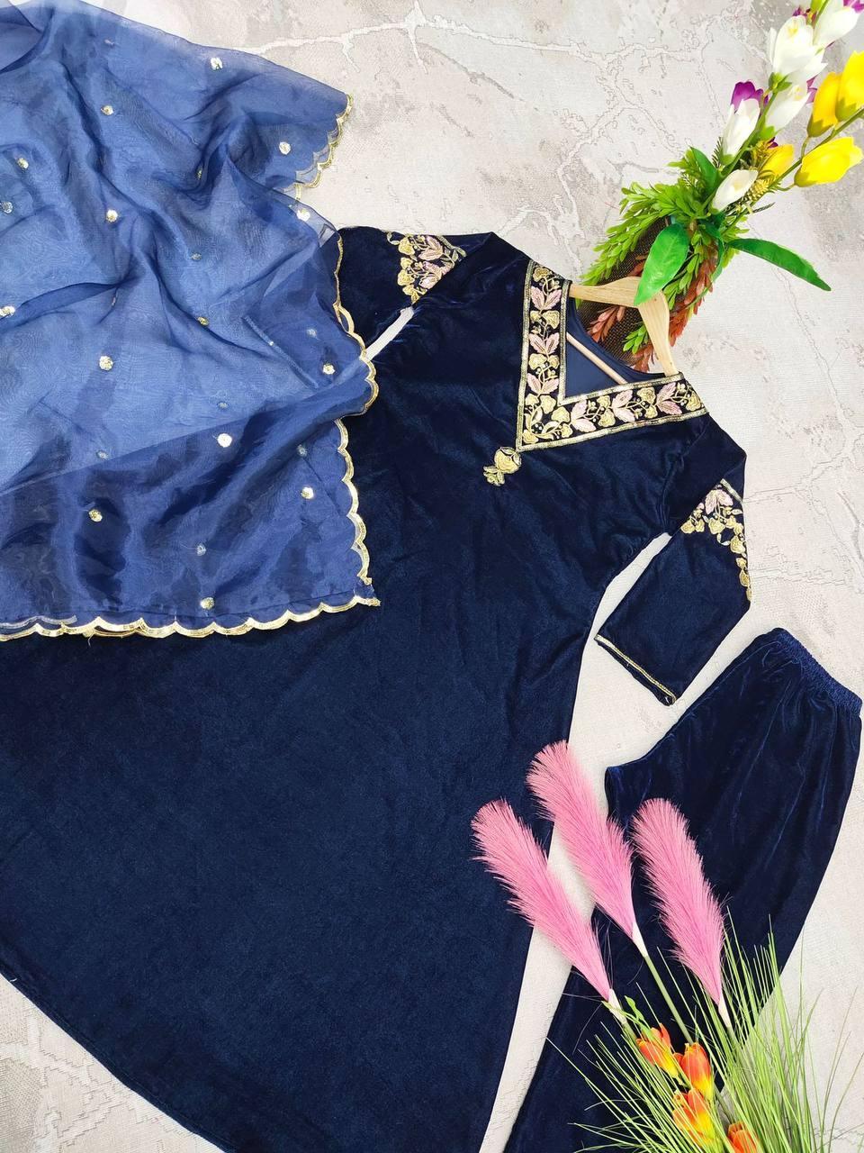 Blue Velvet Embroidery Salwar Suit with Dupatta - Indiakreations