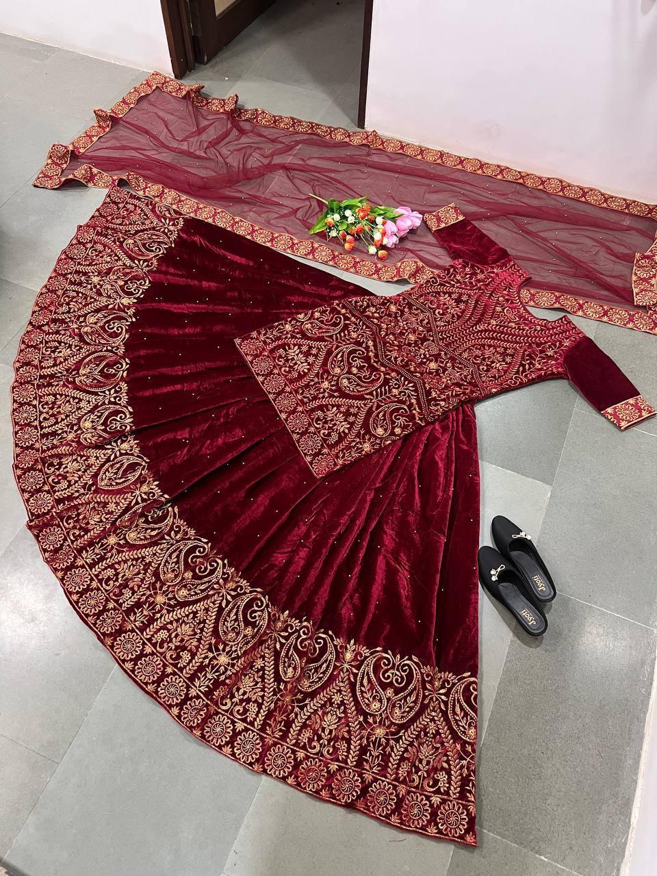 Red Velvet Embroidery Lehenga Choli with Dupatta - Indiakreations