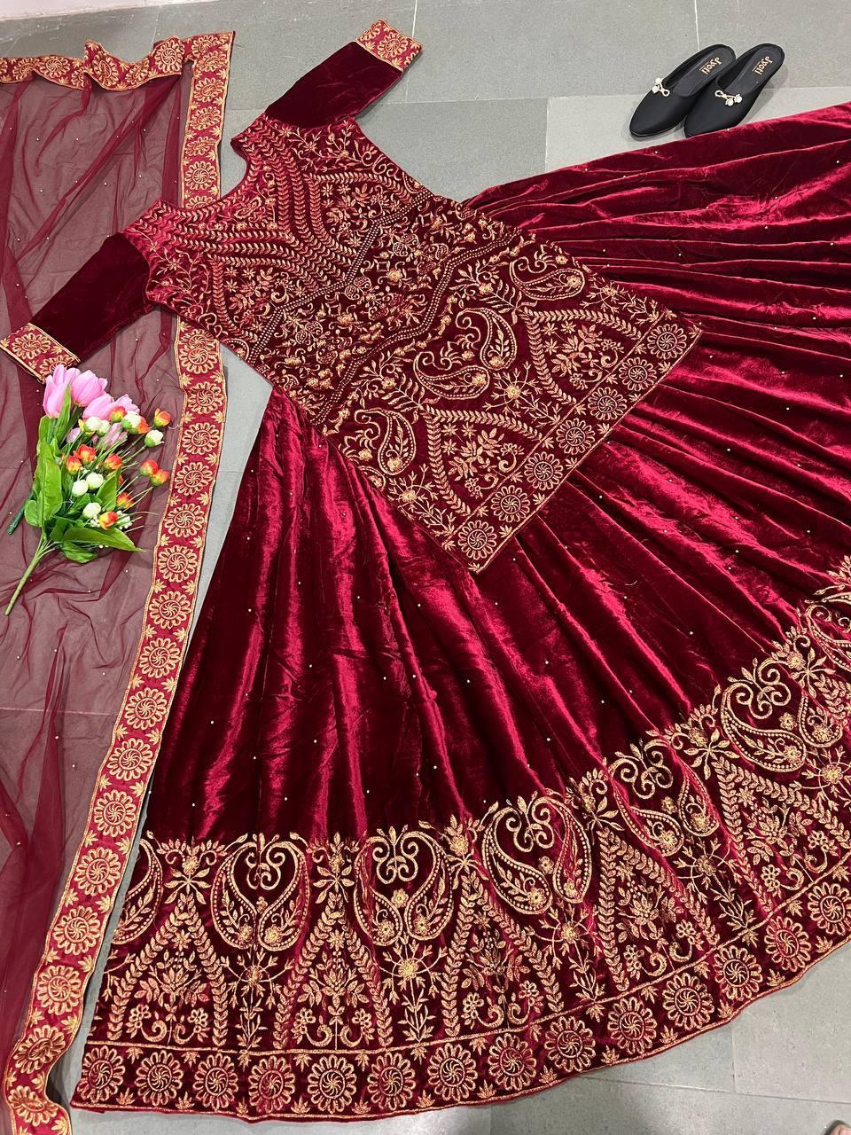 Red Velvet Embroidery Lehenga Choli with Dupatta - Indiakreations