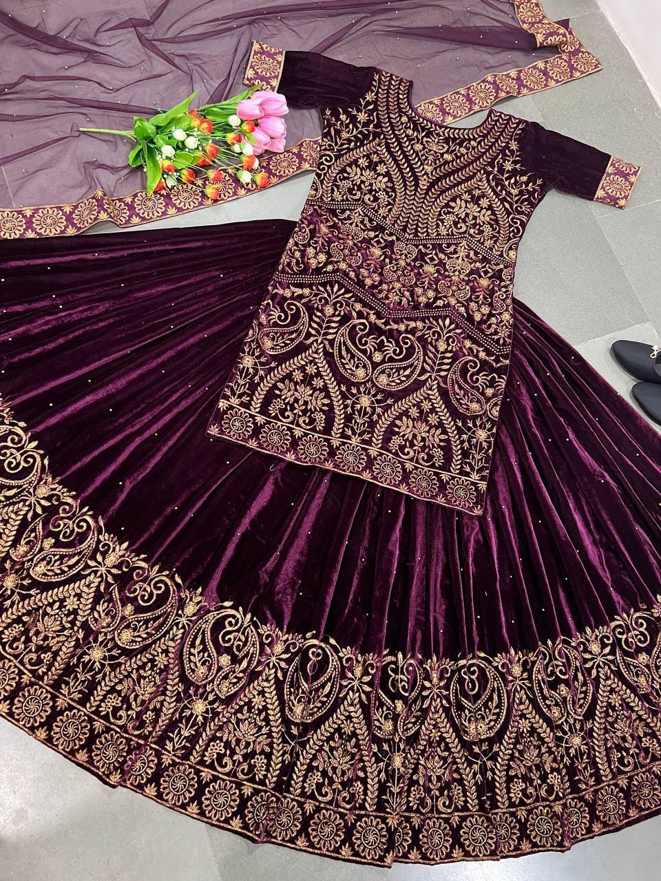 Wine Purple Velvet Embroidery Lehenga Choli with Dupatta - Indiakreations