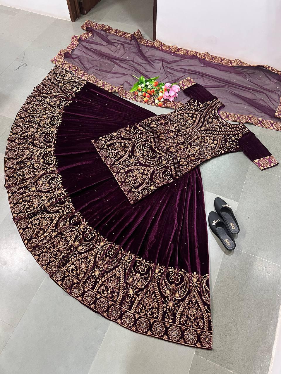 Wine Purple Velvet Embroidery Lehenga Choli with Dupatta - Indiakreations