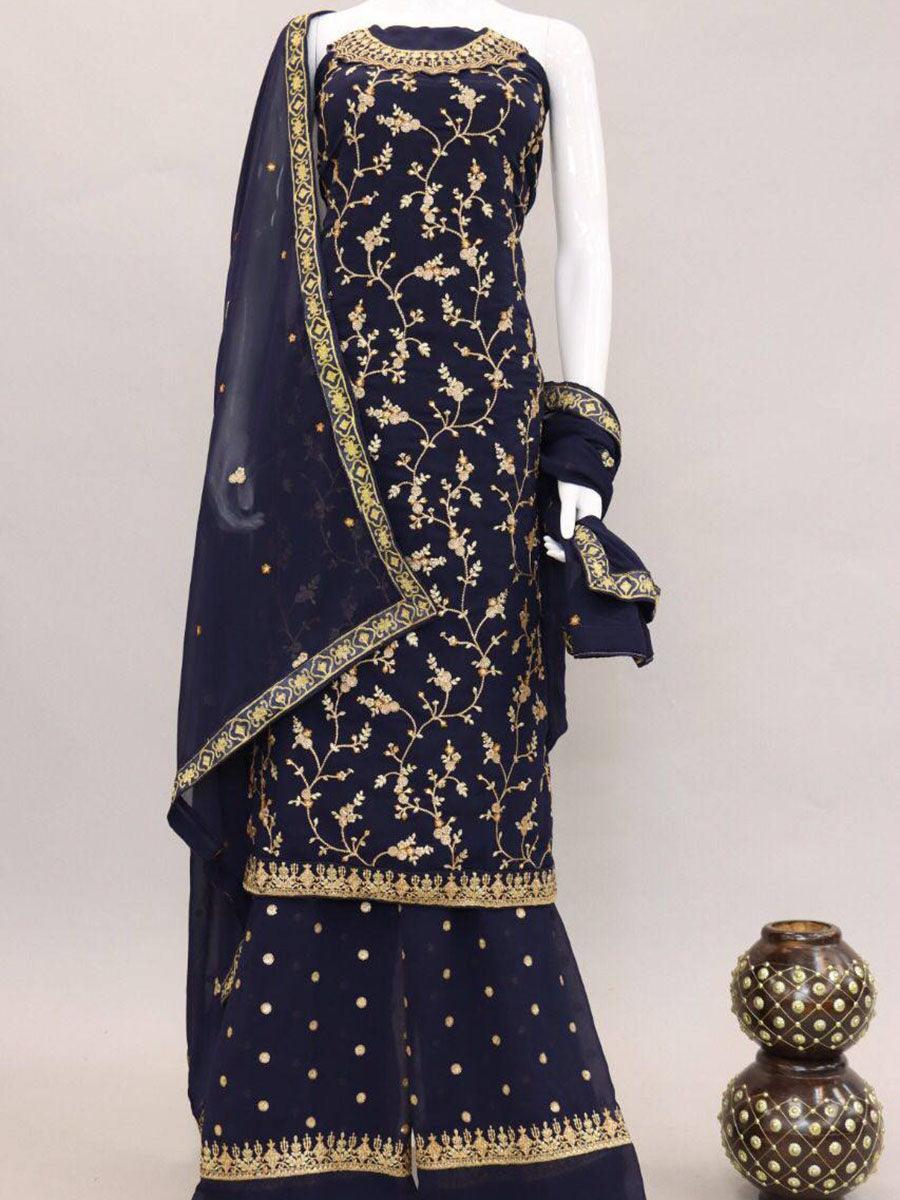 Navy Blue Georgette Embroidery Anarkali with Dupatta Set - Indiakreations