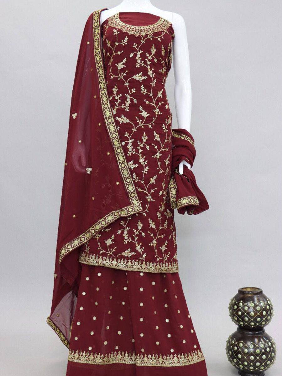 Burgundy Red Georgette Embroidery Anarkali with Dupatta Set - Indiakreations