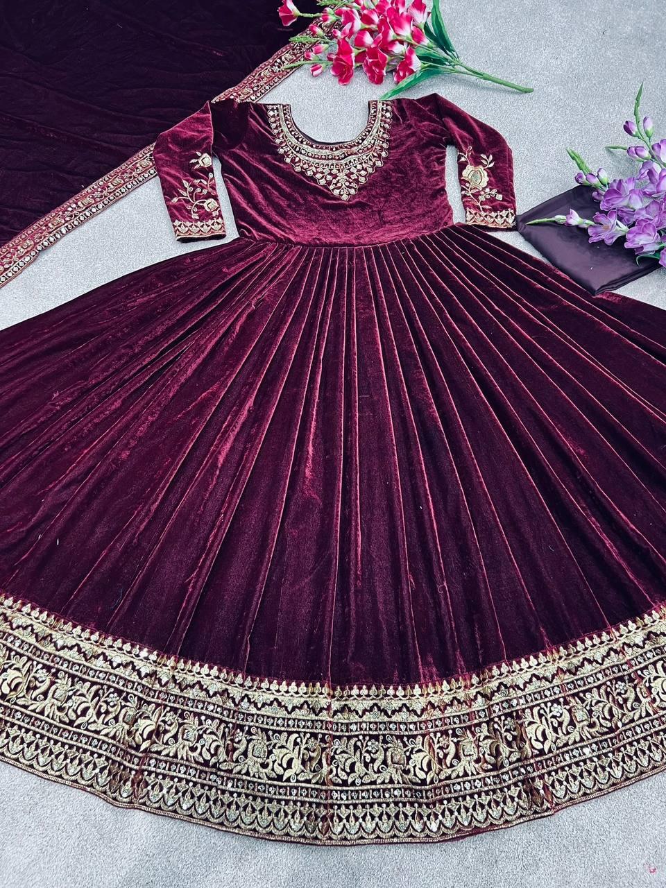 Wine Purple Velvet Embroidery Salwar Suit with Dupatta - Indiakreations