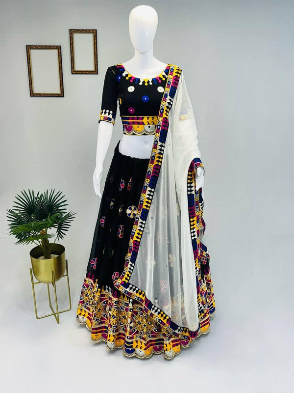 Navy Blue Georgette Silk Embroidery Lehenga Choli - Indiakreations