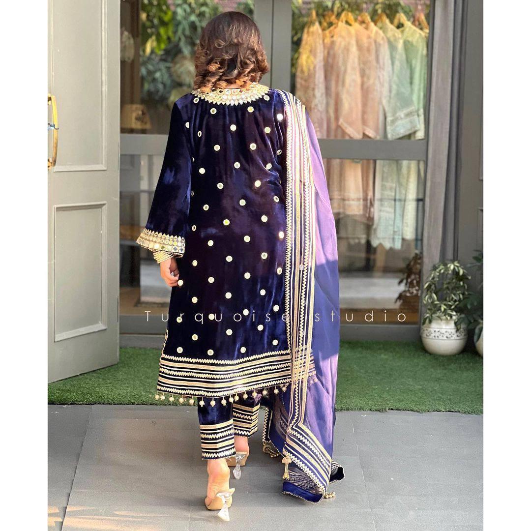 Violet Velvet Embroidery Salwar Suit with Dupatta - Indiakreations