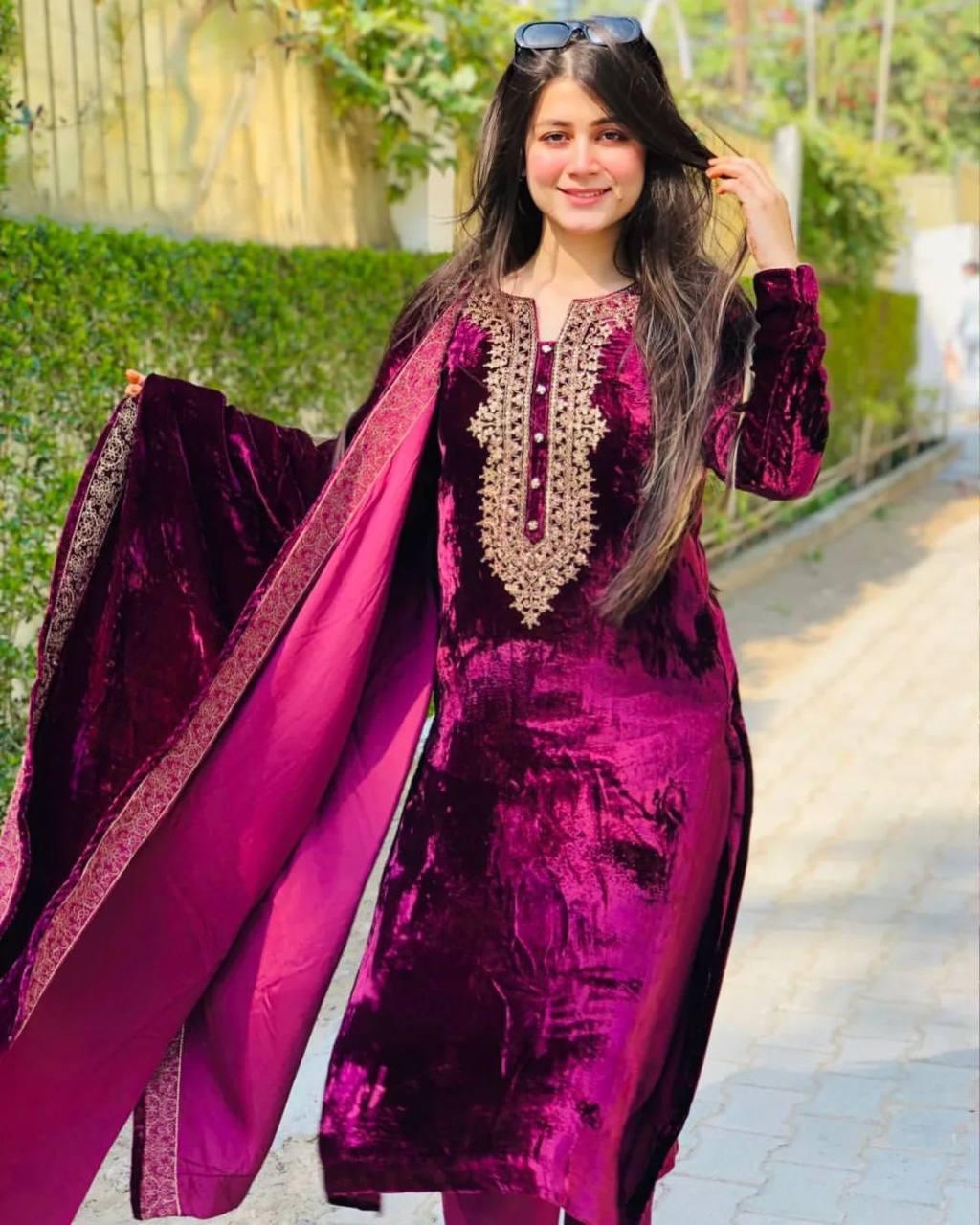 Purple Velvet Embroidery Salwar Suit with Dupatta - Indiakreations