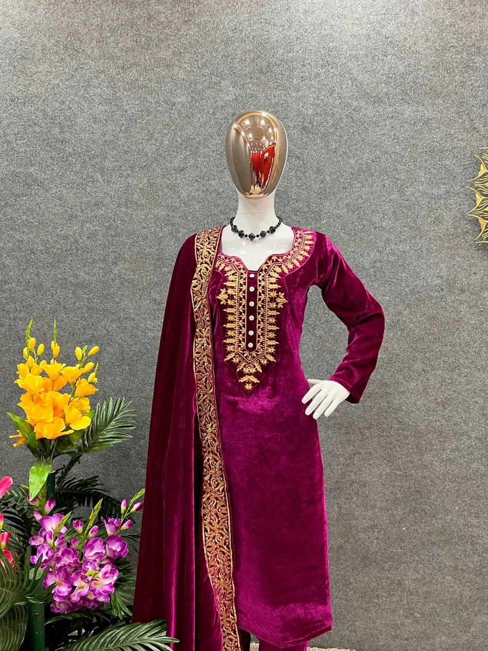 Purple Velvet Embroidery Salwar Suit with Dupatta - Indiakreations