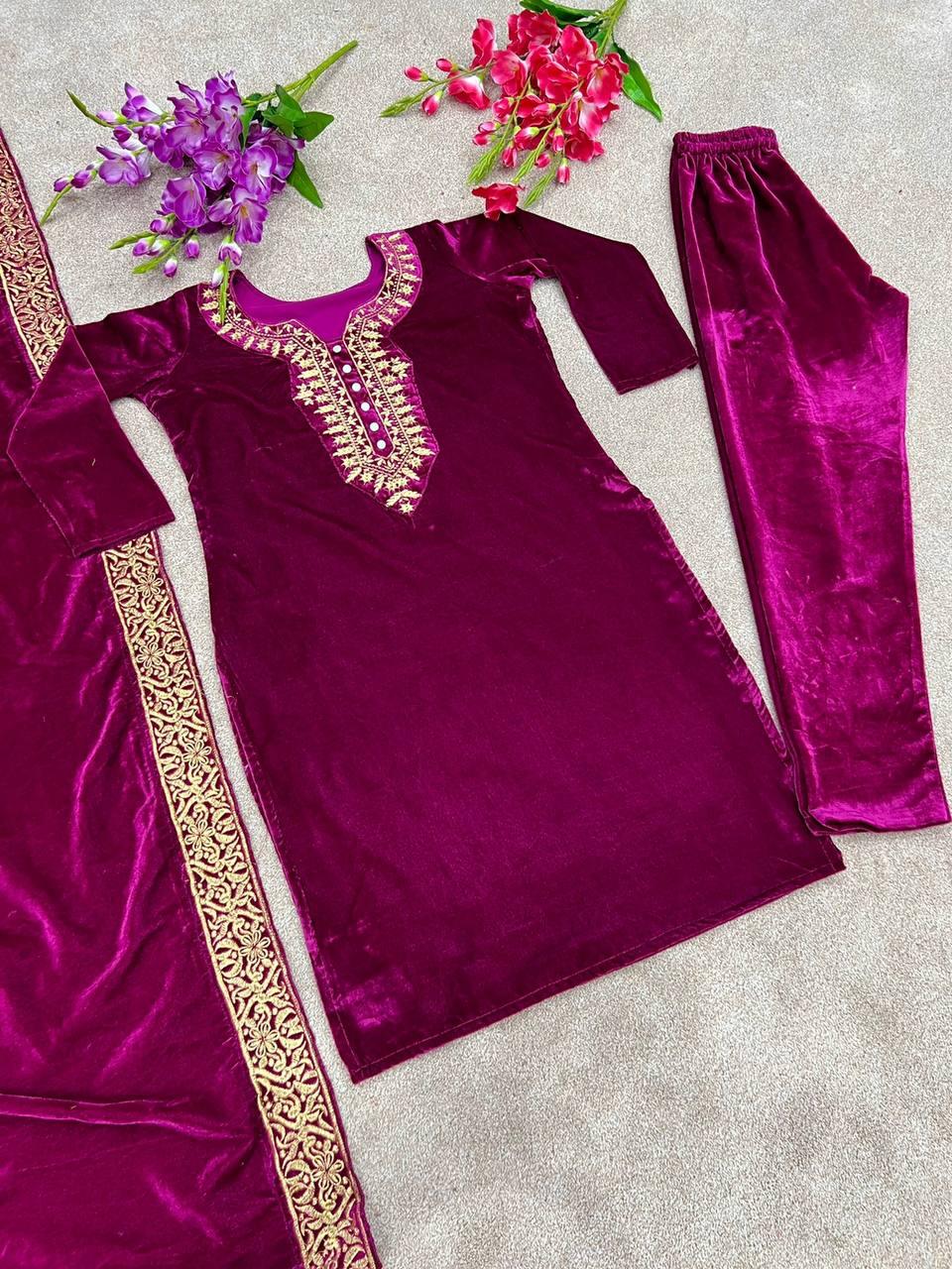 Purple Velvet Embroidery Salwar Suit with Dupatta - Indiakreations