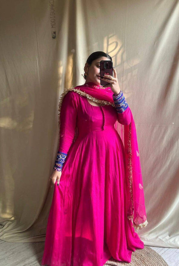 Deep Pink Georgette Embroidery Gown With Dupatta Set