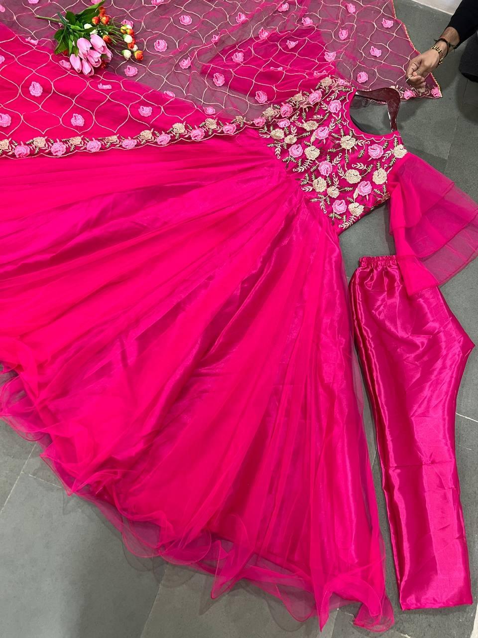 Pink Net Embroidery Salwar Suit with Dupatta - Indiakreations