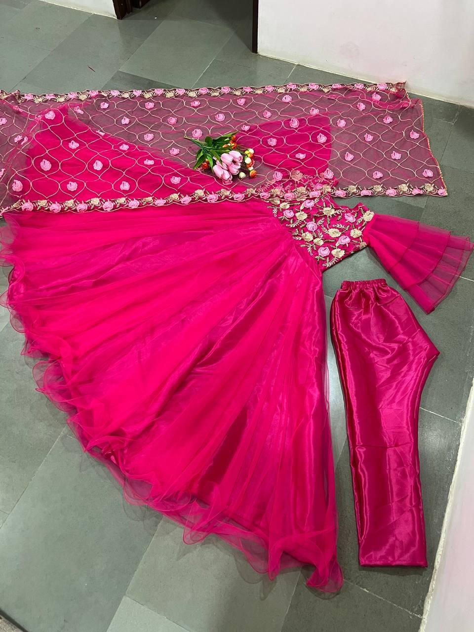 Pink Net Embroidery Salwar Suit with Dupatta - Indiakreations