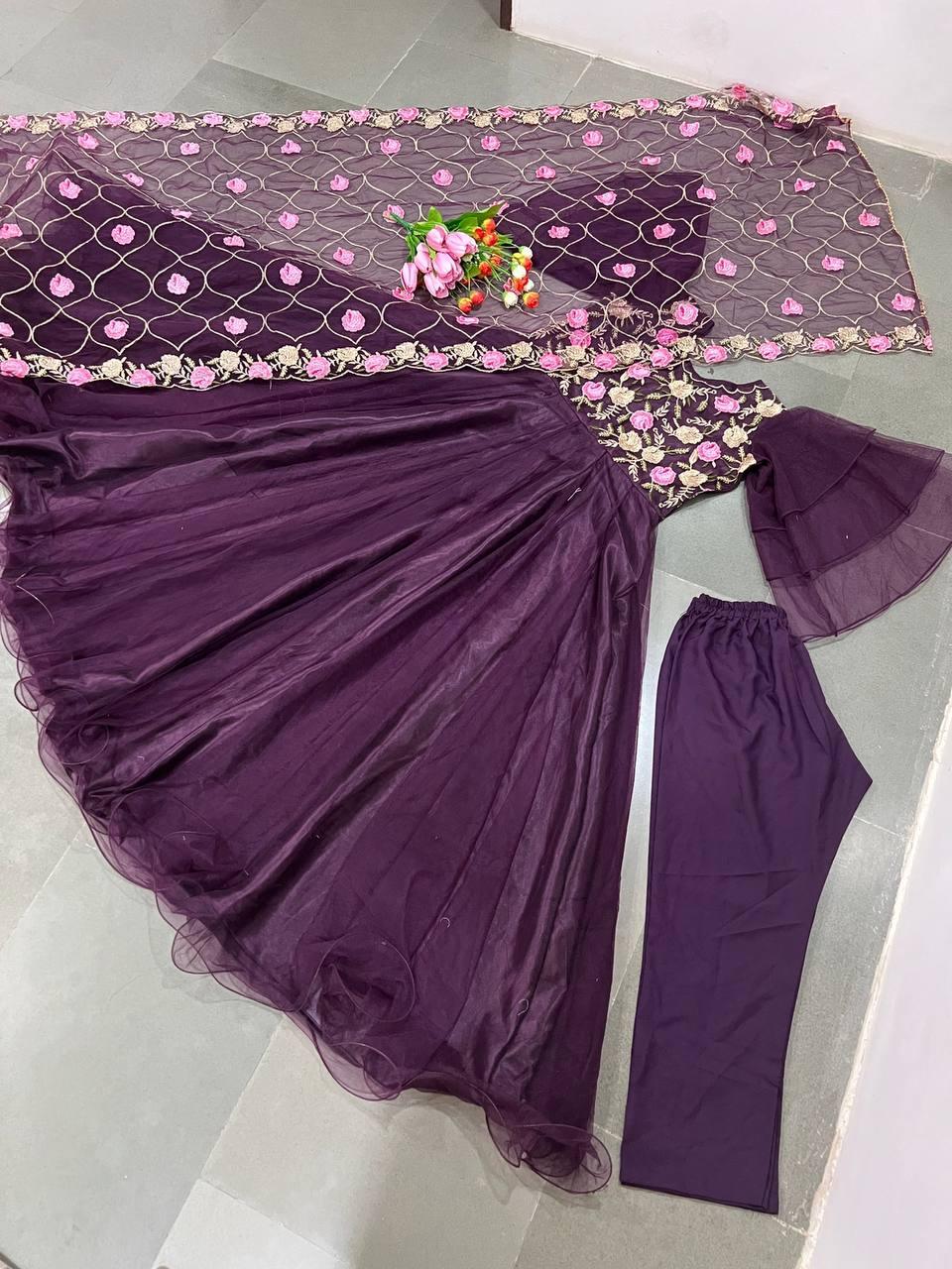 Wine Purple Net Embroidery Salwar Suit with Dupatta - Indiakreations