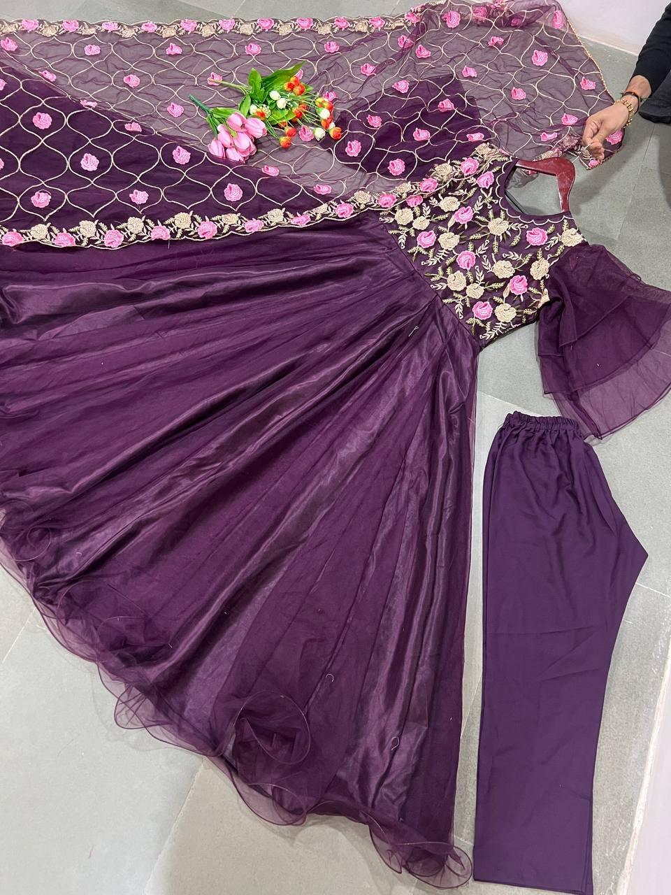 Wine Purple Net Embroidery Salwar Suit with Dupatta - Indiakreations