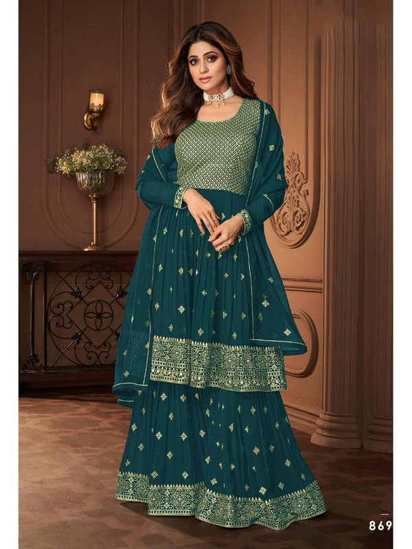 Teal Green Georgette Embroidery Anarkali with Dupatta Set - Indiakreations