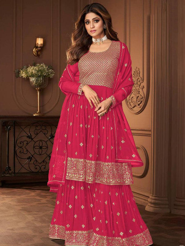 Dark Pink Georgette Embroidery Anarkali with Dupatta Set - Indiakreations