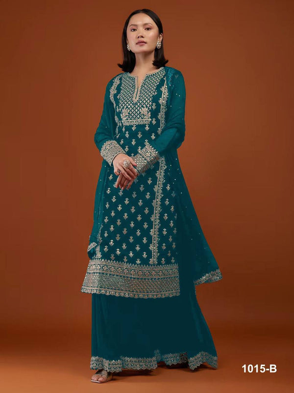 Peacock Blue Georgette Embroidery Anarkali With Dupatta Set