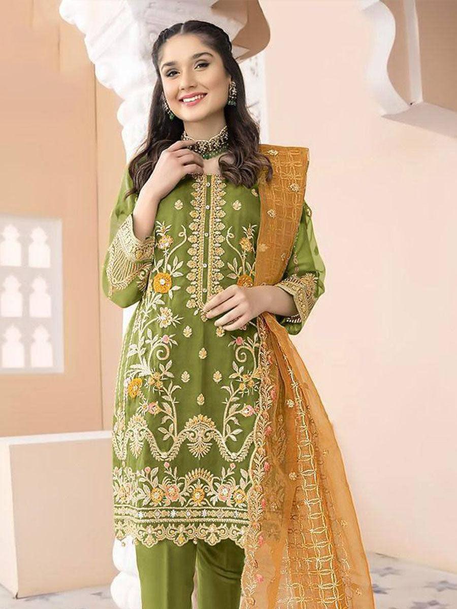 Green Organza Embroidery Anarkali with Dupatta Set - Indiakreations