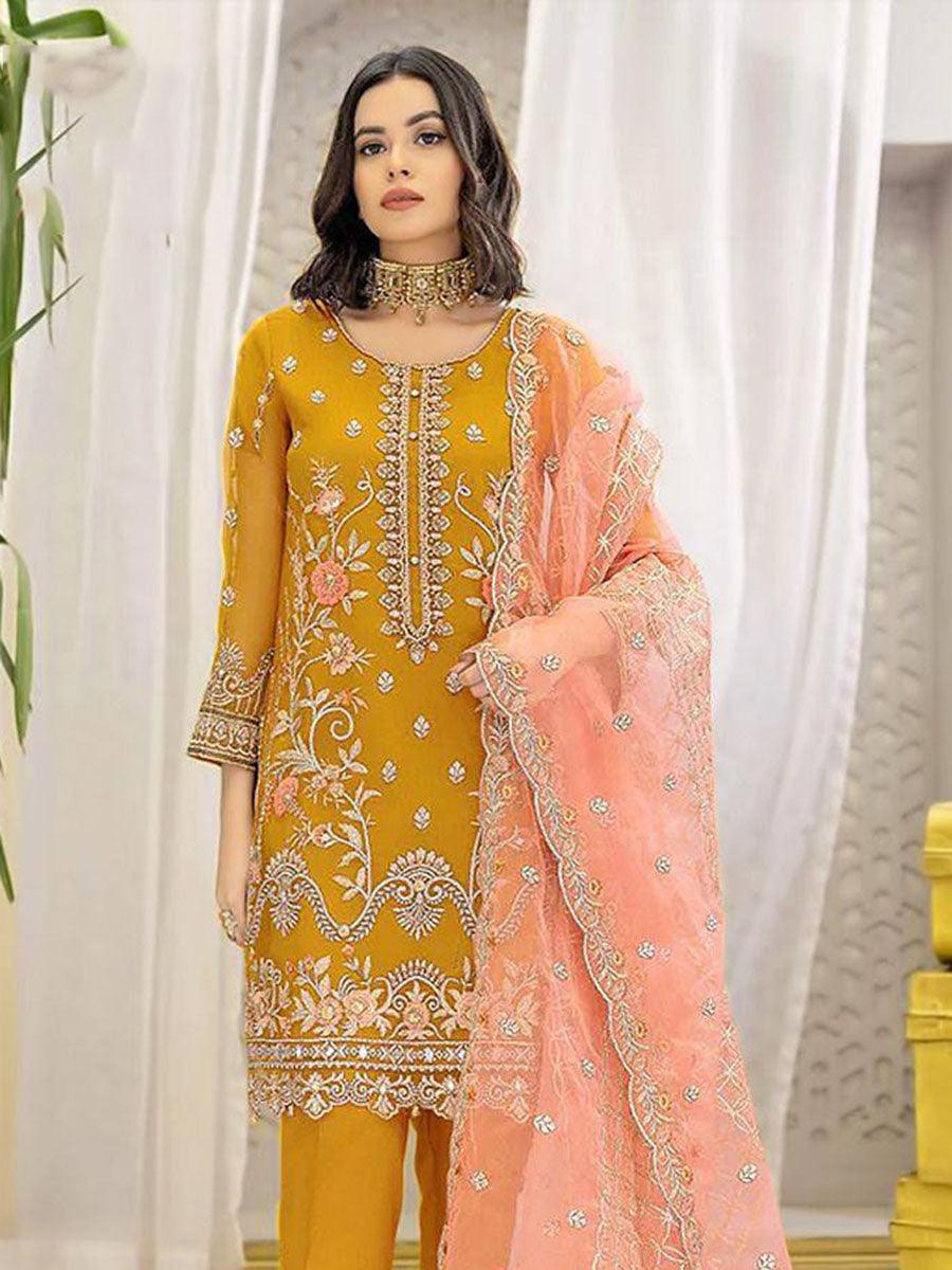 Dijon Yellow Organza Embroidery Anarkali with Dupatta Set - Indiakreations