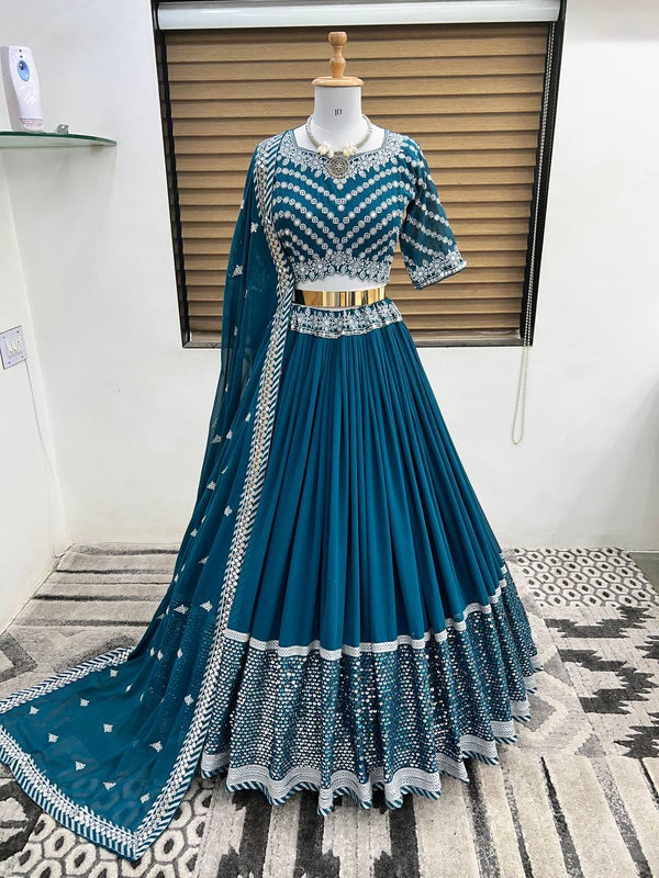 Peacock Blue Georgette Embroidery Lehenga Choli With Dupatta Set