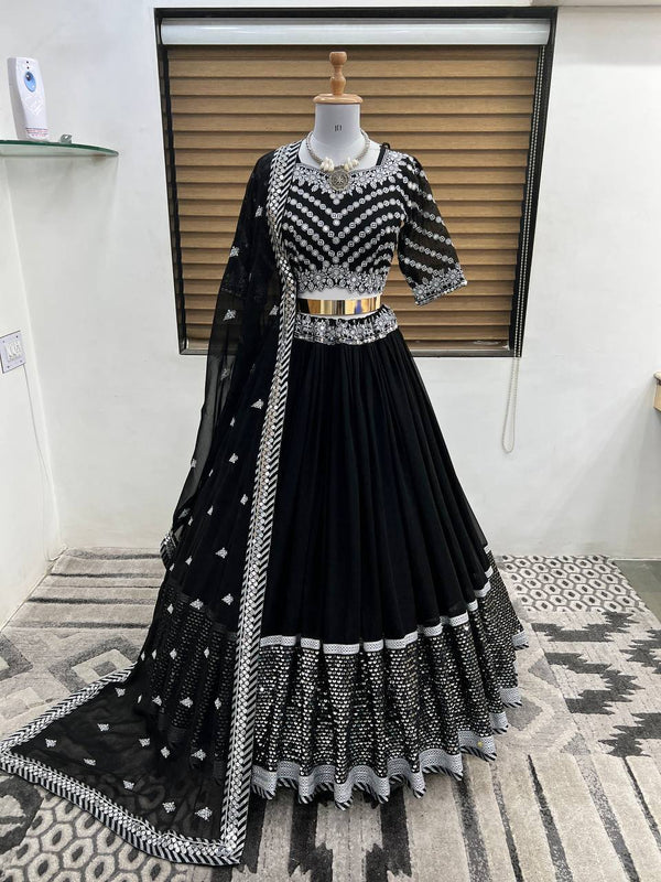 Black Georgette Embroidery Lehenga Choli With Dupatta Set