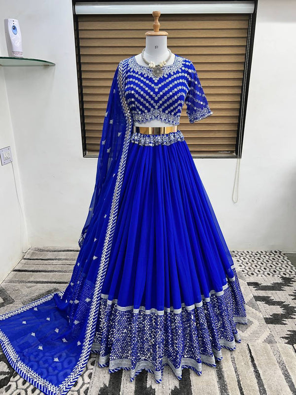 Royal Blue Georgette Embroidery Lehenga Choli With Dupatta Set