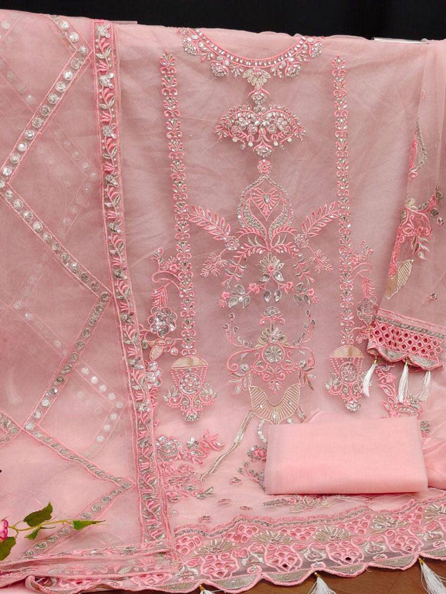 Baby Pink Net Embroidery Anarkali with Dupatta Set - Indiakreations