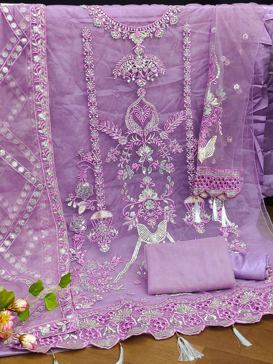 Purple Net Embroidery Anarkali with Dupatta Set - Indiakreations