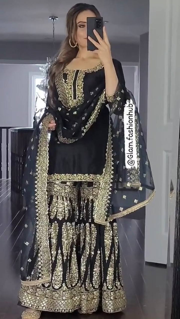 Black Georgette Embroidery Salwar Suit With Dupatta Set