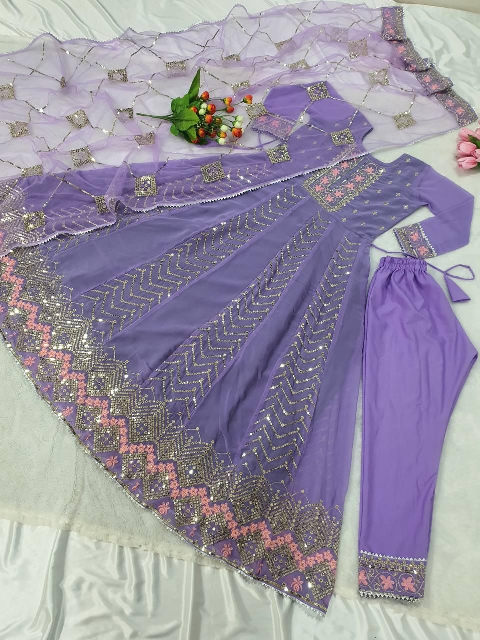 Lavender Georgette Embroidery Salwar Suit with Dupatta - Indiakreations