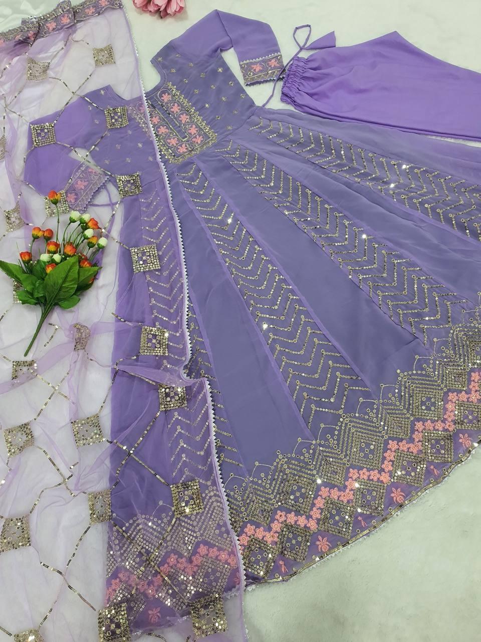 Lavender Georgette Embroidery Salwar Suit with Dupatta - Indiakreations