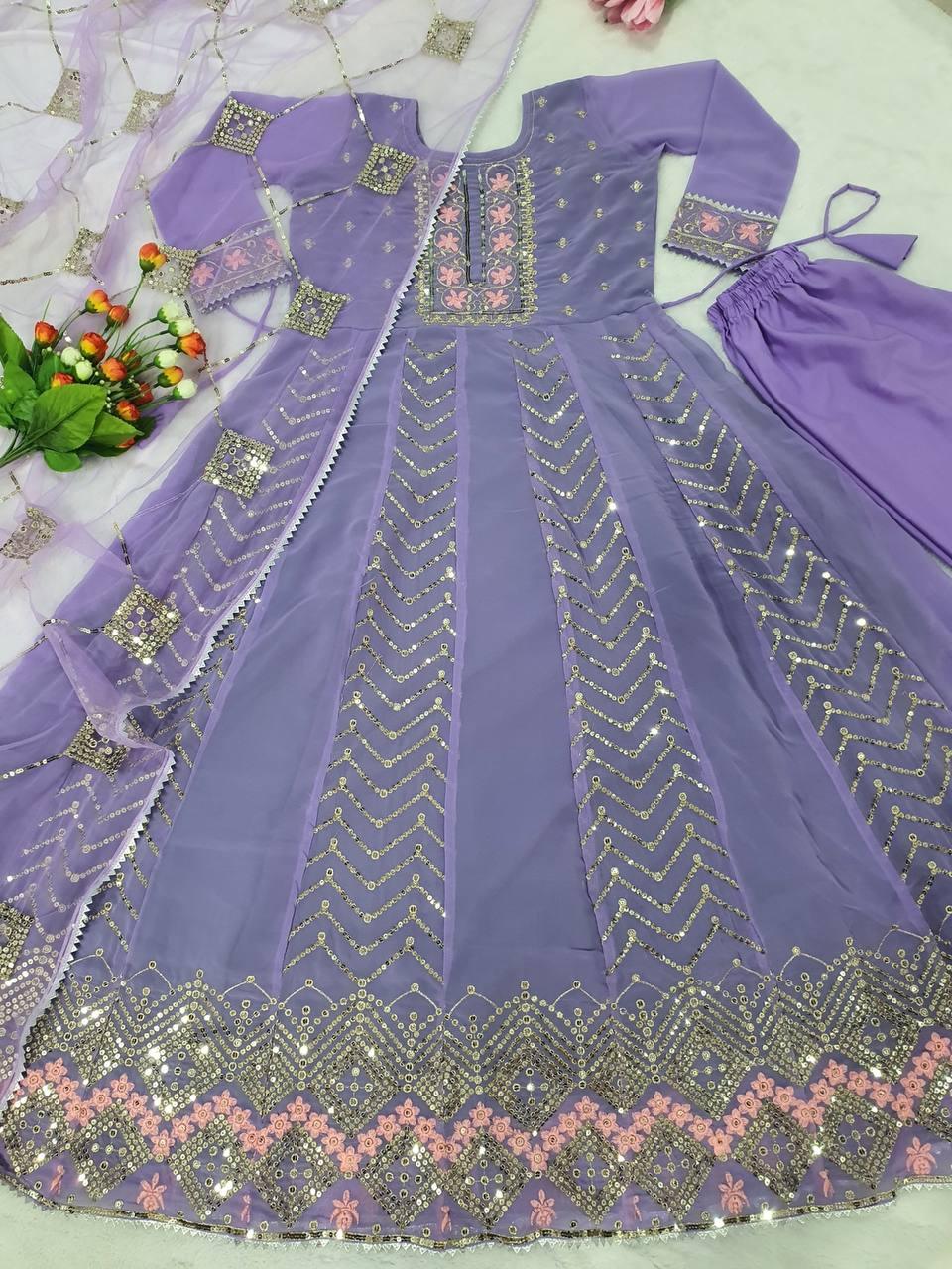 Lavender Georgette Embroidery Salwar Suit with Dupatta - Indiakreations