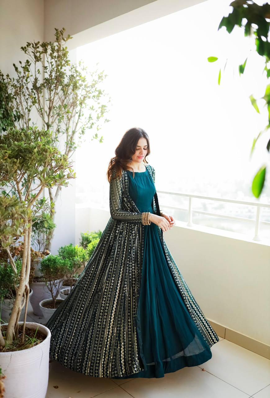 Teal Green Georgette Embroidery Salwar Suit with Dupatta - Indiakreations