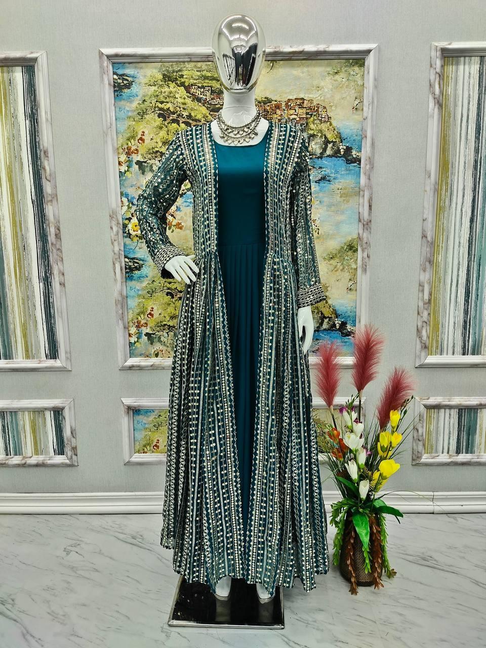 Teal Green Georgette Embroidery Salwar Suit with Dupatta - Indiakreations